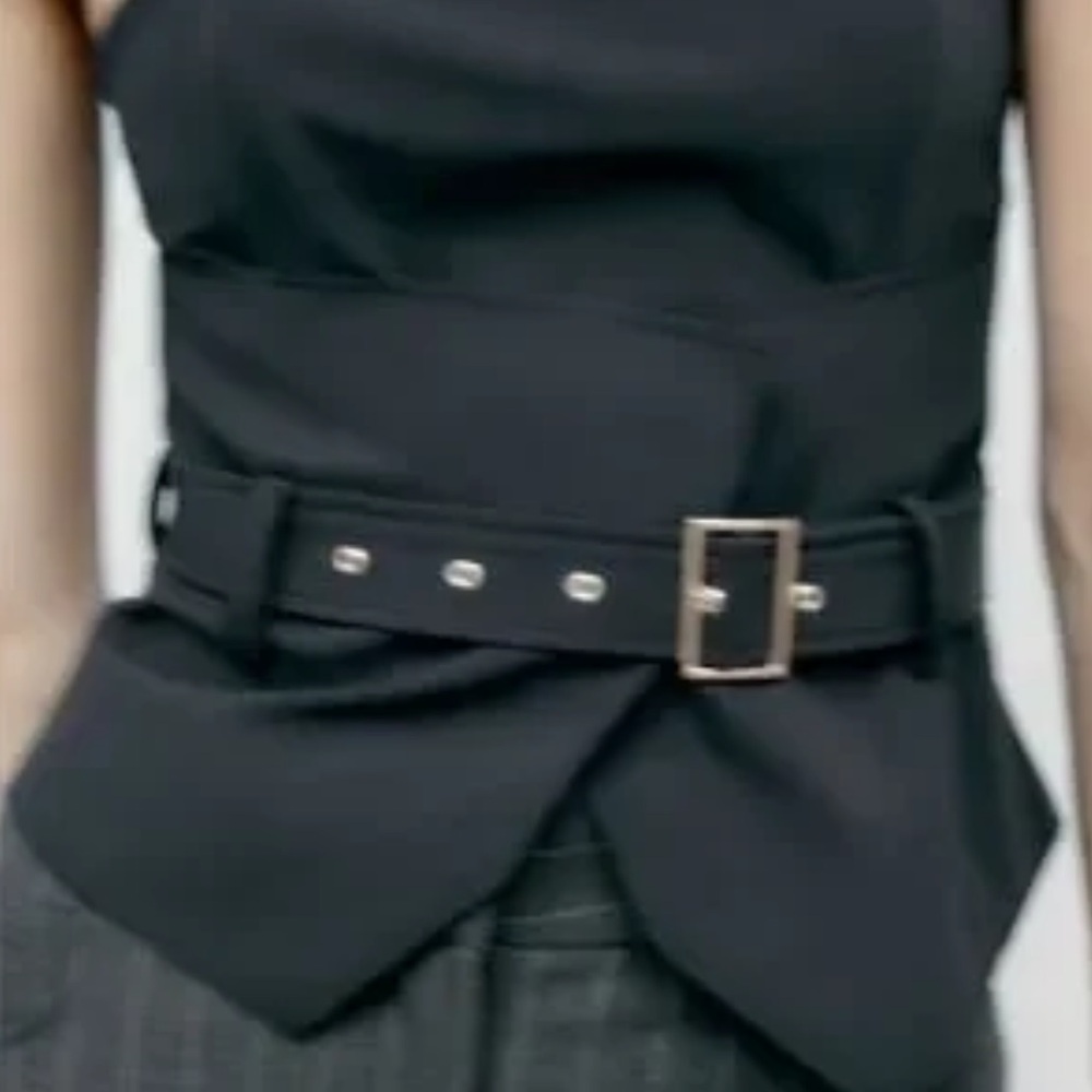 Navy Belted Strapless Top